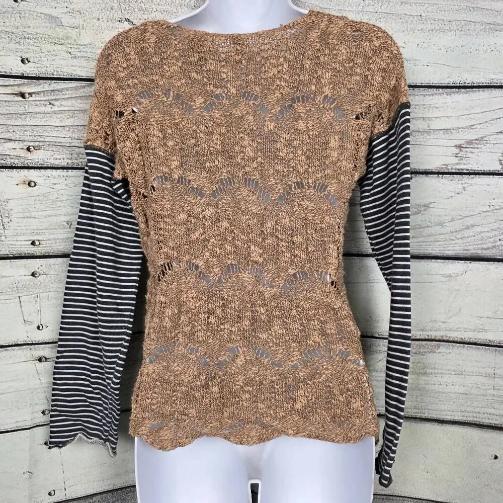 BKE S Tan Knit Sweater with Striped Long Sleeves